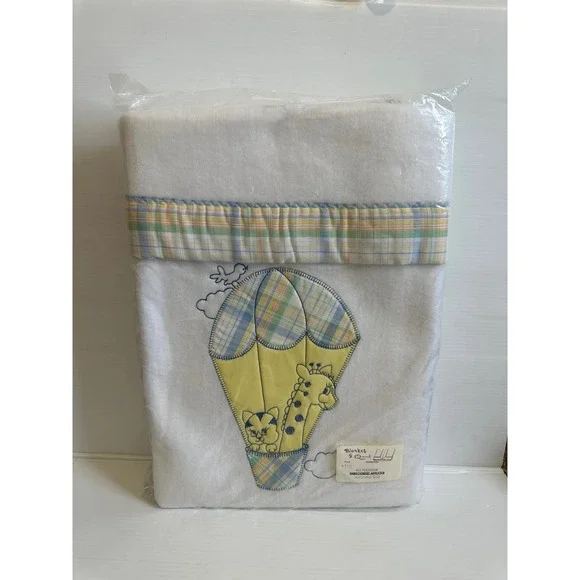 Blanket by Quiltex Hot Air Balloon Plaid Giraffe Cat Applique Baby White Vtg NEW - Picture 6 of 6